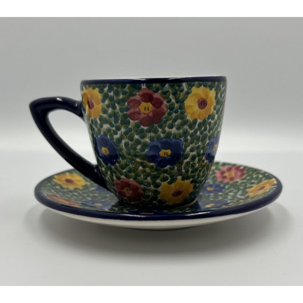 VTG Ceramica Hand Painted Portugal Floral Demitasse Espresso Cup & Saucer Set